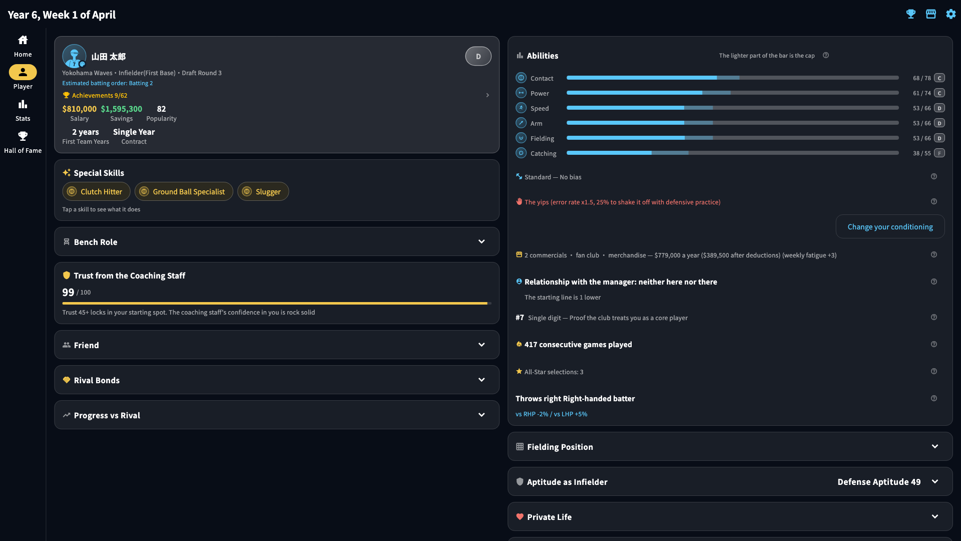 Player screen with abilities and skills