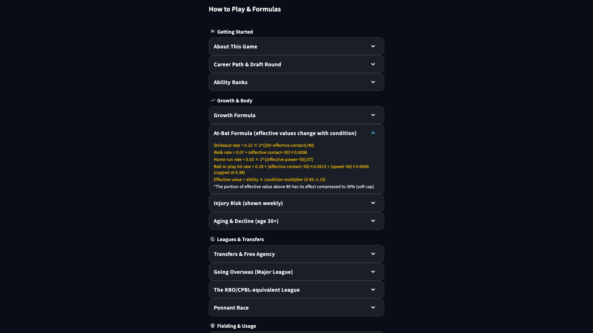 Formulas published inside the game